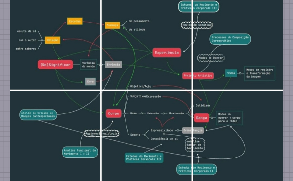 Postagem em grade na rede social Instagram, mostrando mapa mental com a conexão de saberes estudados no projeto Experiências Dançanatômicas, construído por estudantes participantes do projeto
